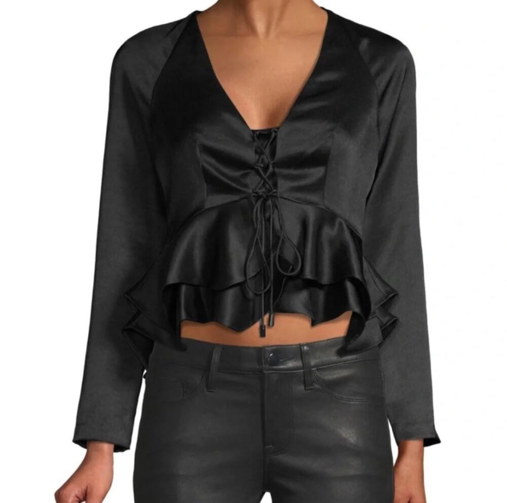 Alexis Reagan Black Lace-up Peplum V-neck Blouse Glam Satin Women's size XS